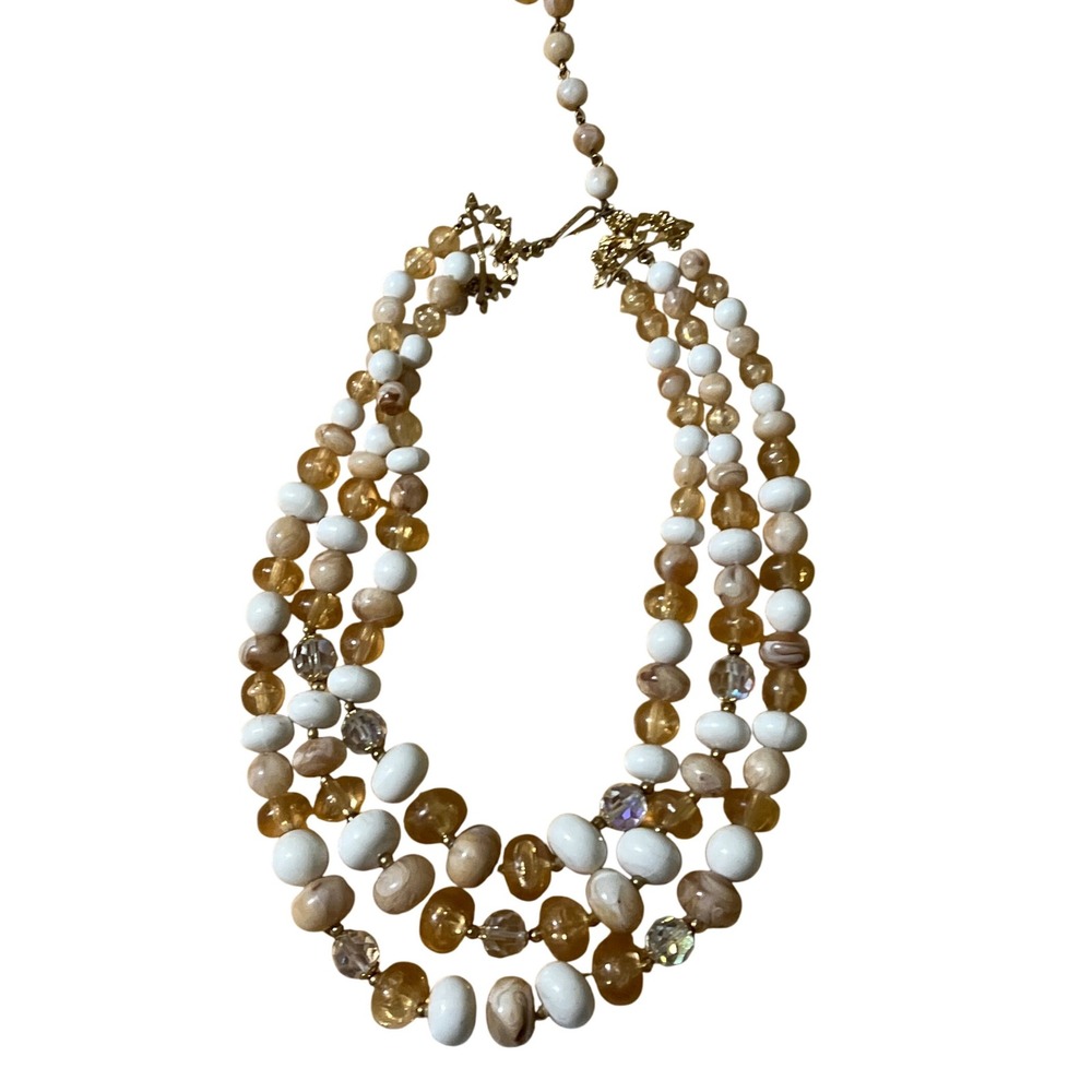Chunky Multi Strand Beaded‎ Necklace Gold Tone Rhinestone Accent Statement Event